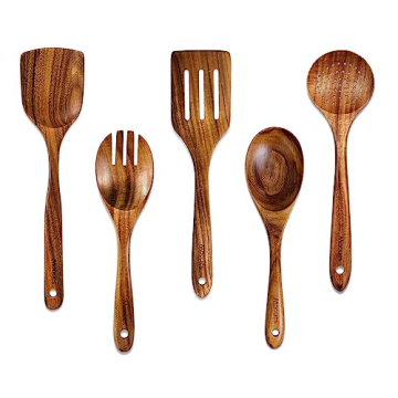 Mooues Wooden Spoons for Cooking, 5 Pcs Wooden Utensils for Cooking Natural Teak Wooden Kitchen Uten...