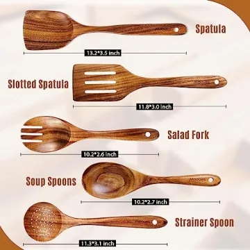 Mooues Wooden Spoons for Cooking, 5 Pcs Wooden Utensils for Cooking Natural Teak Wooden Kitchen Utensils Set
