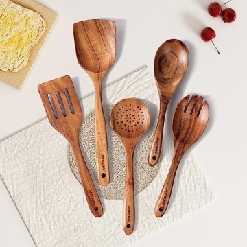 Mooues Wooden Spoons for Cooking, 5 Pcs Wooden Utensils for Cooking Natural Teak Wooden Kitchen Utensils Set