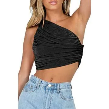 CHYRII One Shoulder Ruched Crop Top for Women