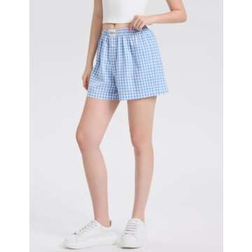 LOMON Womens Boxer Shorts Casual Summer Cotton Pajama Lounge Sleep Pj Gingham Plaid Shorts Y2K Beach Bottoms (Light Blue White Plaid L)