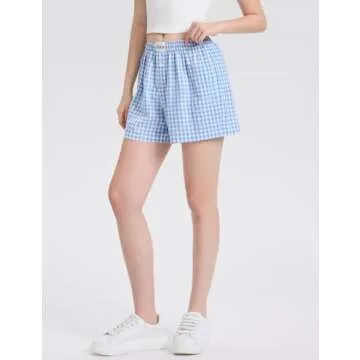 LOMON Womens Boxer Shorts Casual Summer Cotton Pajama Lounge Sleep Pj Gingham Plaid Shorts Y2K Beach Bottoms (Light Blue White Plaid L)
