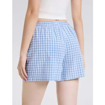 LOMON Womens Boxer Shorts Casual Summer Cotton Pajama Lounge Sleep Pj Gingham Plaid Shorts Y2K Beach Bottoms (Light Blue White Plaid L)