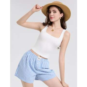 LOMON Womens Boxer Shorts Casual Summer Cotton Pajama Lounge Sleep Pj Gingham Plaid Shorts Y2K Beach Bottoms (Light Blue White Plaid L)