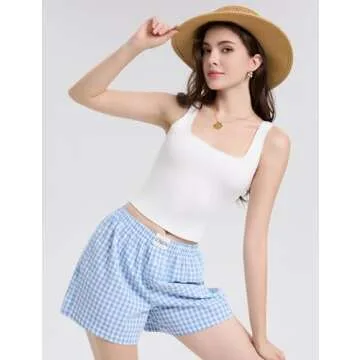 LOMON Womens Boxer Shorts Casual Summer Cotton Pajama Lounge Sleep Pj Gingham Plaid Shorts Y2K Beach Bottoms (Light Blue White Plaid L)