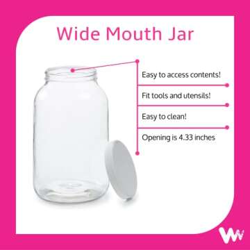 Empty 1 Gallon Glass Jar w/Airtight Leakproof Plastic Lid - Wide Mouth Easy to Clean - BPA Free & Dishwasher Safe - USDA Certified - Kombucha Tea, Kefir Canning Sun Tea Fermentation Food Storage, 1PK