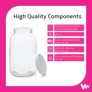 Empty 1 Gallon Glass Jar w/Airtight Leakproof Plastic Lid - Wide Mouth Easy to Clean - BPA Free & Dishwasher Safe - USDA Certified - Kombucha Tea, Kefir Canning Sun Tea Fermentation Food Storage, 1PK