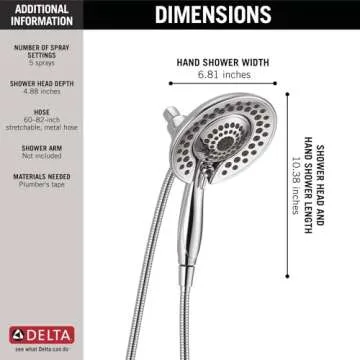Delta Faucet 5-Spray In2ition 2-in-1 Dual Shower Head with HandHeld Spray, Chrome Hand Held Shower Head with Hose, Handheld Shower Heads, 2.5 GPM Shower Head, Chrome 58569-25-PK