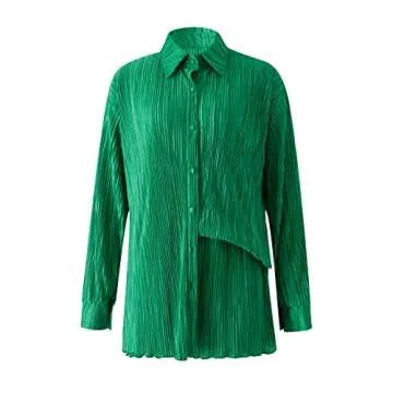 NUFIWI Women 2 Piece Pleated Pants Set Long Sleeve Button Down Shirt Blouse Top Wide Leg Pants Outfits Y2K Fashion Streetwear(Ruffle Green,Small)