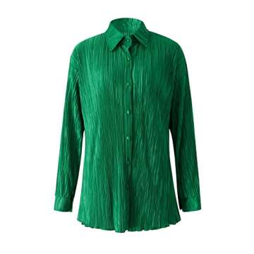 NUFIWI Women 2 Piece Pleated Pants Set Long Sleeve Button Down Shirt Blouse Top Wide Leg Pants Outfits Y2K Fashion Streetwear(Ruffle Green,Small)