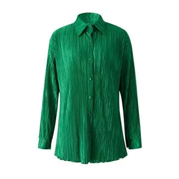 NUFIWI Women 2 Piece Pleated Pants Set Long Sleeve Button Down Shirt Blouse Top Wide Leg Pants Outfits Y2K Fashion Streetwear(Ruffle Green,Small)