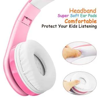 Kids Wireless Bluetooth headphones Volume Limited 85db/110db Stereo Sound Over-Ear Foldable Lightweight Children headphones with Mic SD Card Slot up to 16 hours play time for Boys Girls Adults (Pink)