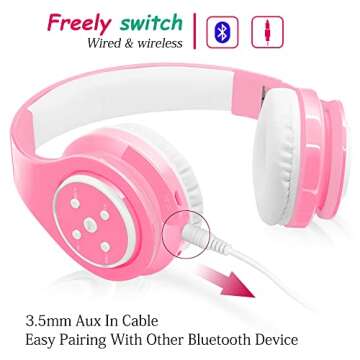 Kids Wireless Bluetooth headphones Volume Limited 85db/110db Stereo Sound Over-Ear Foldable Lightweight Children headphones with Mic SD Card Slot up to 16 hours play time for Boys Girls Adults (Pink)