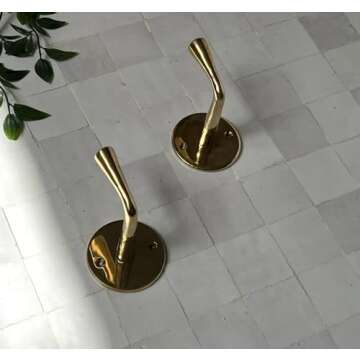 Set of 2 Unlacquered Brass Wall Hooks, Heavy Duty Brass Hooks for Doors and Bathrooms, Utility Vinta...