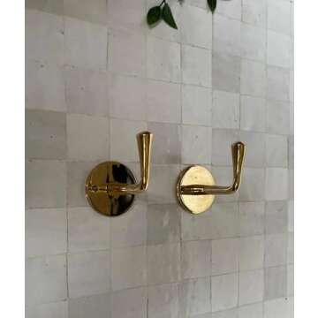 Set of 2 Unlacquered Brass Wall Hooks, Heavy Duty Brass Hooks for Doors and Bathrooms, Utility Vintage Brass Coat Hanger, Decorative Hooks for Coats, Wall Mounted Brass Hooks for Hanging Towels & Bags
