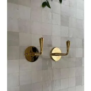 Set of 2 Unlacquered Brass Wall Hooks, Heavy Duty Brass Hooks for Doors and Bathrooms, Utility Vintage Brass Coat Hanger, Decorative Hooks for Coats, Wall Mounted Brass Hooks for Hanging Towels & Bags