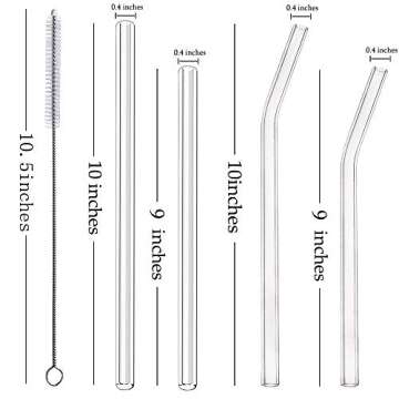 ALINK 8-Pack Clear Glass Smoothie Straws, 10mm Wide 10" + 9" Long Reusable Drinking Straws with 2 Cleaning Brush