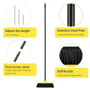 Push Broom Outdoor Indoor Broom 12" Wide, 50" Long Handle with Stiff Bristles for Efficient Cleaning