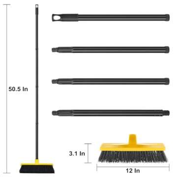 Push Broom Outdoor Indoor Broom 12" Wide,50" Long Handle with Stiff Bristles for Cleaning Scrubbing Deck Driveway Yard Patio Wood Stone Tile Floor