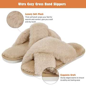 DOIOWN Women's Fuzzy Slippers Memory Foam Cute House Slippers Plush Fluffy Furry Open Toe Home Shoes Bridal Bridesmaid Gifts for Wedding (Tan,Size 9-10)