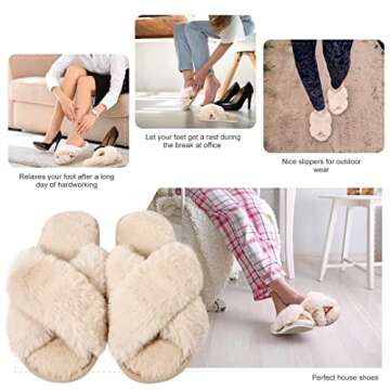 DOIOWN Women's Fuzzy Slippers Memory Foam Cute House Slippers Plush Fluffy Furry Open Toe Home Shoes Bridal Bridesmaid Gifts for Wedding (Tan,Size 9-10)