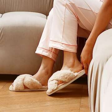 DOIOWN Women's Fuzzy Slippers Memory Foam Cute House Slippers Plush Fluffy Furry Open Toe Home Shoes Bridal Bridesmaid Gifts for Wedding (Tan,Size 9-10)