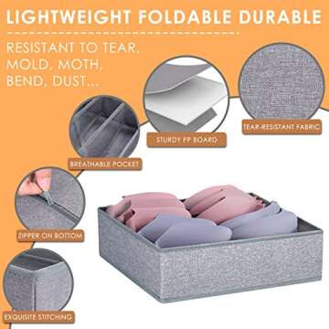 3 Pack Bra Underwear Drawer Organizer Dividers, 26 Cell Fabric Foldable Dresser Closet Organizers and Storage Boxes for Baby Clothes, Bra, Socks, Underwear, Ties (5+5+16 Slots, Grey)