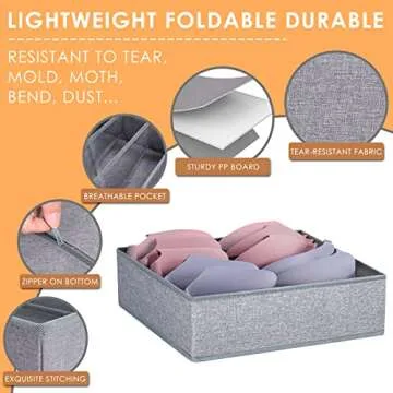 3 Pack Bra Underwear Drawer Organizer Dividers, 26 Cell Fabric Foldable Dresser Closet Organizers and Storage Boxes for Baby Clothes, Bra, Socks, Underwear, Ties (5+5+16 Slots, Grey)