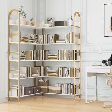 Stylish 5-Tier Gold L-Shaped Corner Bookshelf