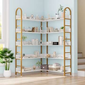 Stylish 5-Tier Gold L-Shaped Corner Bookshelf