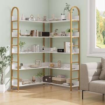Stylish 5-Tier Gold L-Shaped Corner Bookshelf