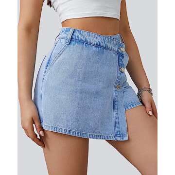 Flvsun Denim Shorts Women Casual High Waisted Solid Button Up Asymmetrical Denim Jean Skort Skirt Mini Shorts Light Blue L