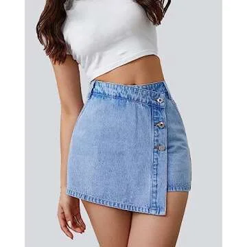 Flvsun Denim Shorts Women Casual High Waisted Solid Button Up Asymmetrical Denim Jean Skort Skirt Mini Shorts Light Blue L