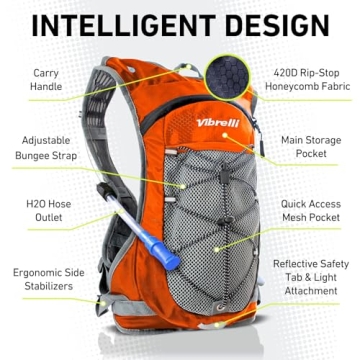 Vibrelli Hydration Pack and 2L Hydration Water Bladder - High Flow Bite Valve - Hydration Backpack with Storage - Lightweight Running Backpack, Cycling, Hiking, Ski, Snow - Men, Women, Kids