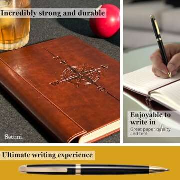 SETTINI® Lined Journal - Compass Journal for Writing Gift Set - Hardcover Vegan Leather, Includes Luxury Pen in a Unique Pen Holder, 192 Pages, 6 x 8.5 inches, Birthday Gifts for Men