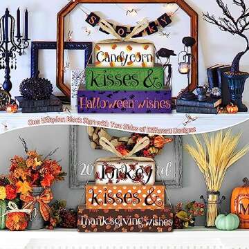 Reversible Thanksgiving/Halloween Decorations Wooden Sign, Double-Sided Thanksgiving Decor ThanksgivingTable Decorations Halloween Table Centerpiece Farmhouse Decor for Home Mantle Shelf Tiered Tray