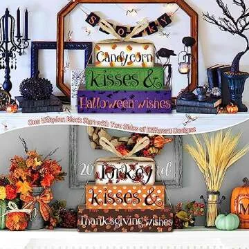 Reversible Thanksgiving/Halloween Decorations Wooden Sign, Double-Sided Thanksgiving Decor ThanksgivingTable Decorations Halloween Table Centerpiece Farmhouse Decor for Home Mantle Shelf Tiered Tray