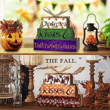 Reversible Thanksgiving/Halloween Decorations Wooden Sign, Double-Sided Thanksgiving Decor ThanksgivingTable Decorations Halloween Table Centerpiece Farmhouse Decor for Home Mantle Shelf Tiered Tray