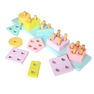 KIDS TOYLAND Wooden Toys for Toddlers 1-3, Shape Sorter Montessori Stacking Toys Educational Recogni...