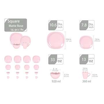 HomeVss Stoneware Square 16pc Dinnerware Set – Matte Rose