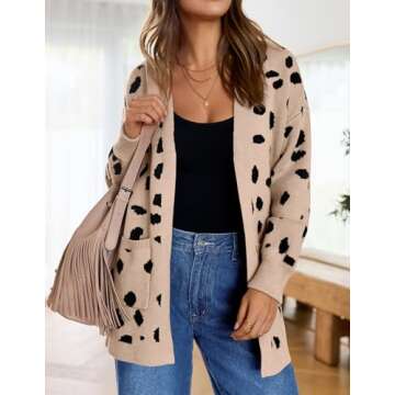 ZESICA Women's Fall Winter Long Sleeves Open Front Leopard Print Knitted Sweater Cardigan Coat Outwear,A Beige,Large