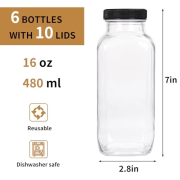 Moretoes 16oz Clear Glass Juice Bottles - 6 Pack