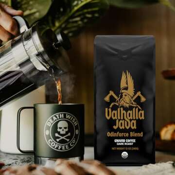 Death Wish Coffee Valhalla Java Dark Roast Ground Coffee, 12 Oz, Bold & Intense Blend of Arabica Robusta Beans, USDA Organic