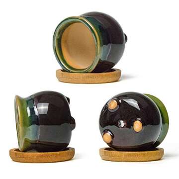 FairyLavie 2.5 Inch Ceramic Succulent Plant Pot, Rustic Style Cute Little Pots for Plants, Planter with Bamboo Tray, Perfect for Home Office Decor and Ideal Gift for Family Friends Colleague, Set of 6