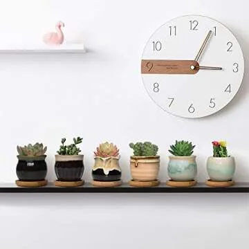 FairyLavie 2.5 Inch Ceramic Succulent Plant Pot, Rustic Style Cute Little Pots for Plants, Planter with Bamboo Tray, Perfect for Home Office Decor and Ideal Gift for Family Friends Colleague, Set of 6