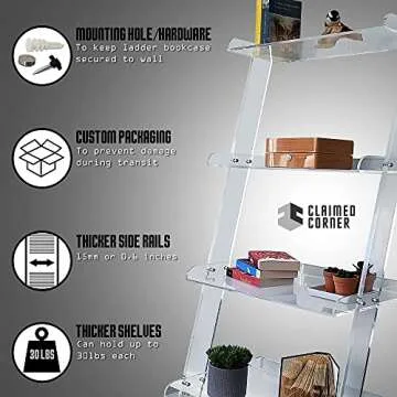 Acrylic Ladder Bookcase – Large Modern Clear Leaning Floating Wall Bookshelf - Standing Decor Display Unit for Open Shelving, Organizer, or Storage in the Living Room, Office, Bedroom, or Bathroom