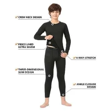 Rolimaka 2 Pack Youth Boys' Thermal Underwear Set Fleece Lined Compression Shirt Leggings Sports Tights Pants Big Kids' Base Layer M