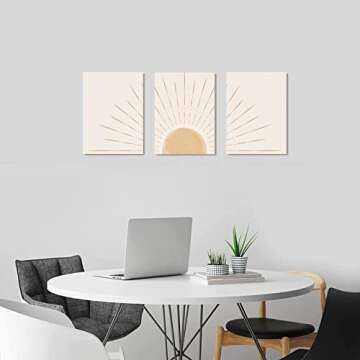Boho Wall Art Set of 3, Framed Canvas Wall Art Yellow Sun Rising on the Horizon Geometric Nature Illustrations Line Art Wall, Office, 12"x16" Natural