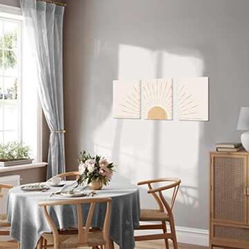 Boho Wall Art Set of 3, Framed Canvas Wall Art Yellow Sun Rising on the Horizon Geometric Nature Illustrations Line Art Wall, Office, 12"x16" Natural