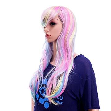 SWACC 26-Inch Long Curly Wave Cosplay Synthetic Wig Mixed Colorful Highlights